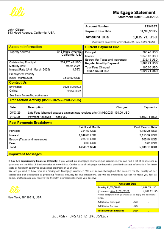 Download USA Lili bank mortgage statement in Word and PDF formats Photoshop template